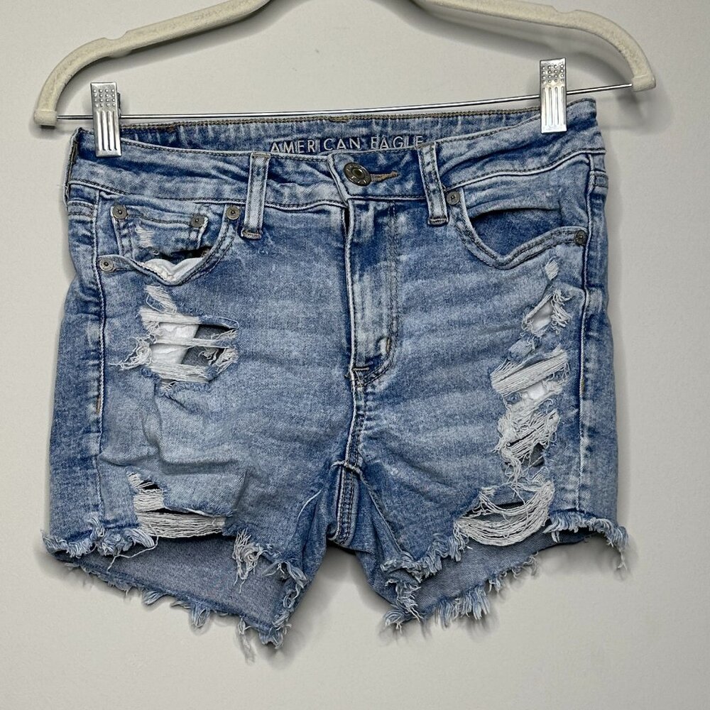 American Eagle Blue Distressed Midi Denim Shorts Women's 8